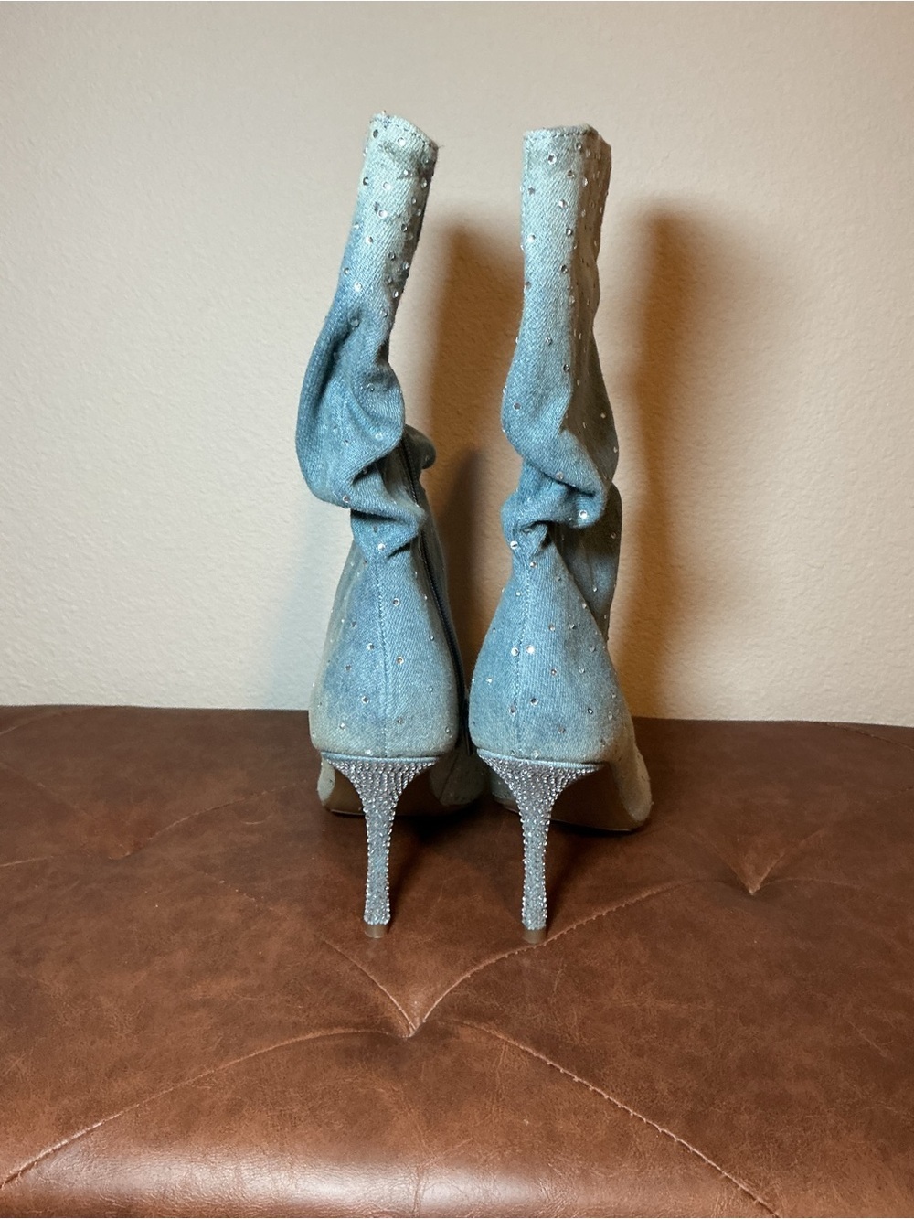 Embellished Gray Crystal Pointed Toe Stiletto Boot - Picture 5 of 8